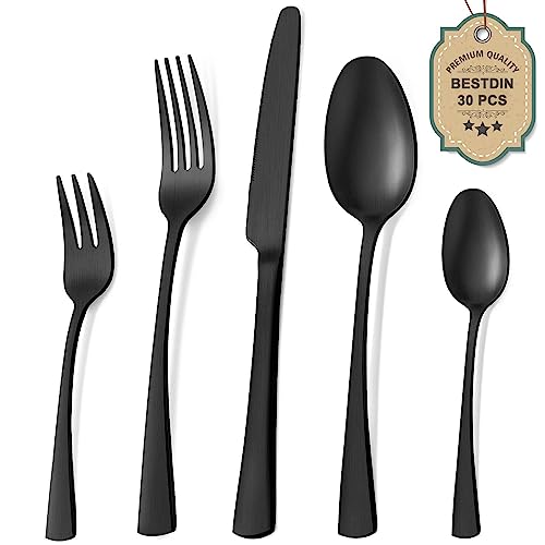 Bestdin Besteck Set 6 Personen, 30 teilig Edelstahl Besteckset Schwarz Matt, Essbesteck Set mit Messer Gabel Löffel, Hochwertiges Edelstahlbesteck, Spülmaschinenfest. von Bestdin