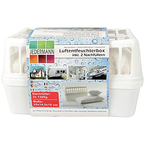 Luftentfeuchter Box inkl. 2x 1200g Nachfüll Granulat, bis 50m² Raumgröße / 2.500ml Flüssigkeit aufnahmefähig, wiederverw. Feuchtigkeits-Stopper von Bestlivings