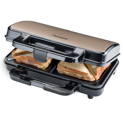 Bestron XL Sandwichmaker, Antihaftbeschichteter Sandwich-Toaster für 2 Sandwiches, inkl. automatischer Temperaturregelung & Bereitschaftsanzeige, 900 Watt, Farbe: Hellbeige/Satin von Bestron
