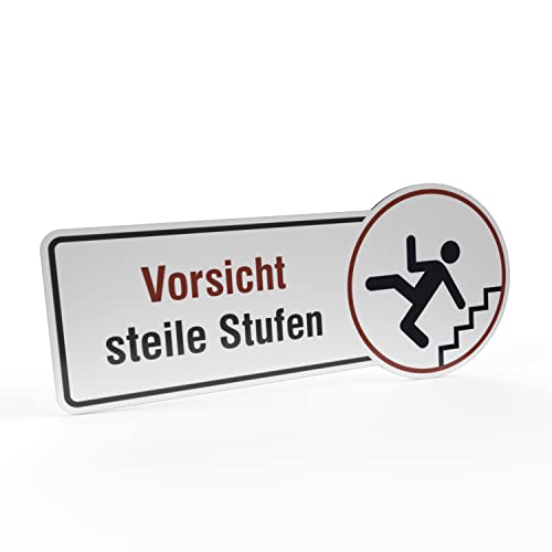 Betriebsausstattung24® Hinweisschild "Vorsicht steile Stufen" | Folie, selbstklebend (BxH): 30,0 x 13,0 cm | Befestigungsart: Zum Verkleben | Text und Symbol Schild | Stolper Gefahrenkennzeichnung von Betriebsausstattung24