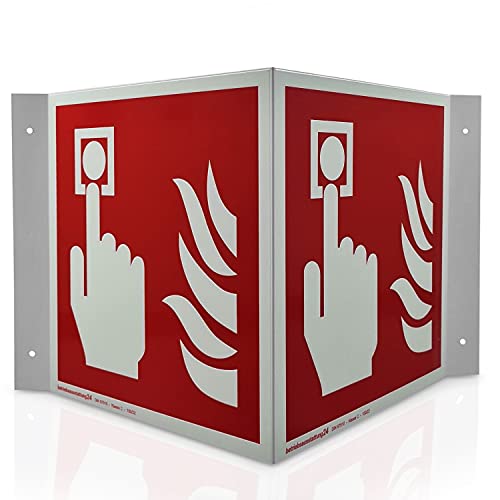 Brandmelder Winkelschild | Aluminium langnachleuchtend | Größe: 35 x 20 x 14 cm | Symbol Schild l DIN 67510 Klasse C | Leuchtdichte 150 mcd | Brandschutzschild | Betriebsausstattung24® von Betriebsausstattung24