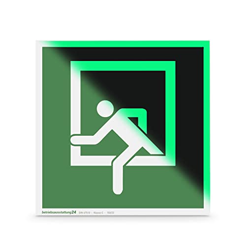 Notausstieg Schild | Folie langnachleuchtend & selbstklebend | Größe: 15 x 15 cm | Symbol Schild l DIN 67510 Klasse C | Leuchtdichte 150 mcd | Fluchtwegschild | Betriebsausstattung24® von Betriebsausstattung24