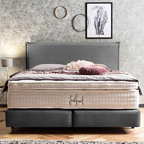 Premium Boxspringbett 200x200 London Samt, mit Visco-Topper, Doppelbett, Hotelbett, ohne Bettkasten, 7 Zonen Taschenfederkern-Matratzen, Aufbau KOSTENLOS (Dunkelgrau, 200x200 cm mit Topper) von BettCo