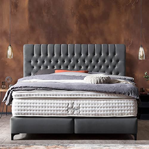 Premium Boxspringbett Chester 180x200 Velours, mit Visco-Topper, Hotelbett, ohne Bettkasten, 7 Zonen Taschenfederkern-Matratze, Aufbau KOSTENLOS (Dunkelgrau, 180x200 cm mit Topper) von BettCo