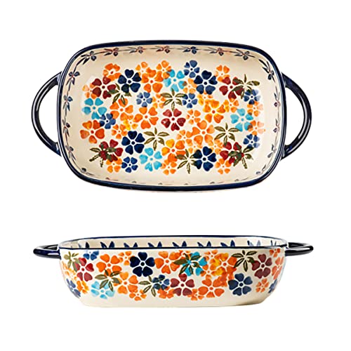 Bicuzat Bunte Kirschblüten-Blumen, Vintage-Stil, Keramik-Backform, Auflaufform, Backform, Lasagnepfanne, mit Griffen für Ofen/Kochen/Küche, 1 Stück, 625 ml von Bicuzat