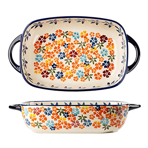 Bicuzat Bunte Kirschblüten Blumen Vintage Stil Keramik Backform Auflaufform Backform Lasagne Pfanne mit Griffen für Ofen/Kochen/Küche, 1 Stück, 1,7 l von Bicuzat