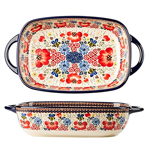 Bicuzat Keramik-Backform, Vintage-Blumen-Stil, Backform, Lasagnepfanne, Backform mit Griffen für Ofen/Kochen/Küche, 1 Stück, rote Blumen, 1,7 l von Bicuzat