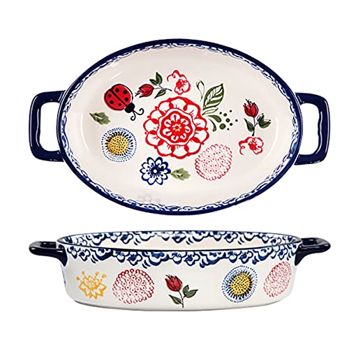 Bicuzat Keramik-Kasserolle im Vintage-Stil, Blumen- und Schmetterlingsmarienkäfer-Muster, Backform, Lasagne-Pfanne, Backform mit Griffen, für Ofen auf den Tisch, 1 Stück, A-oval, klein von Bicuzat