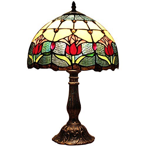 Bieye L30020 Tulpe Blume Tiffany Stil Glasmalerei Tischlampe Nachtlicht mit 12 Zoll Breite handgemachte Lampenschirm Metallbasis für Schlafzimmer Wohnzimmer, 18 Zoll hoch, rot grün von Bieye