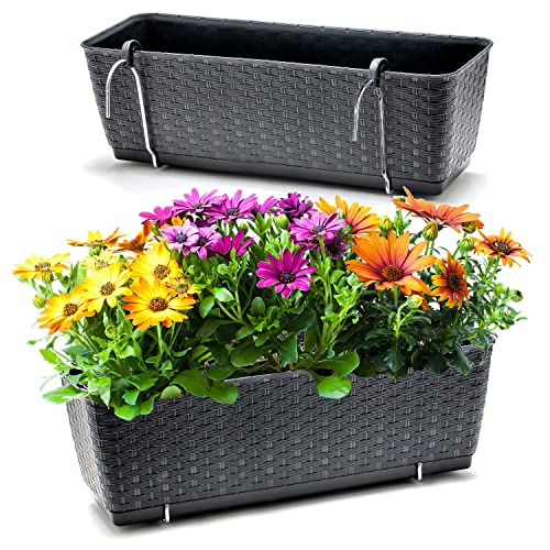 BigDean 2er Set Blumenkästen für Balkon-Geländer - Rattan-Optik - Anthrazit - Balkonkästen mit Metall-Halterungen - 49 x 17 x 17 cm - inkl. Bewässerungssystem von BigDean