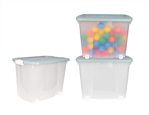 BigDean 3er Set XXL Aufbewahrungsbox mit Deckel & Rollen - 100% recyceltes Plastik - Made in Germany - 60x38x43 cm - pastellgrün - mobile Rollenbox - 60 Liter von BigDean