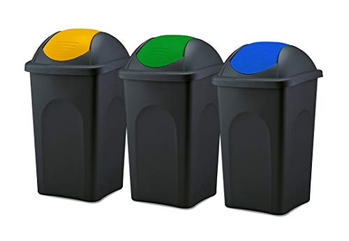 BigDean 3x Mülleimer groß 60L - schwarz - mit Schwingdeckel gelb, grün & blau - aus Kunststoff - Müllsammler Abfalleimer Mülltonne Abfallbehälter - Made in Italy von BigDean
