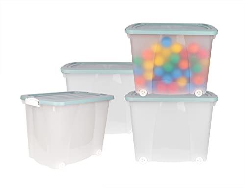 BigDean 4er Set XXL Aufbewahrungsbox mit Deckel & Rollen - 100% recyceltes Plastik - Made in Germany - 60x38x43 cm - pastellgrün - mobile Rollenbox - 60 Liter von BigDean