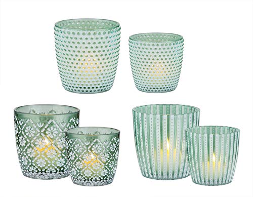 BigDean 6X Windlicht Glas Set 3 Motive, 2 Größen - Grün - 7,5 & 9 cm hoch - Teelicht-Gläser Windlichter Dekoglas für Kerzen & Teelichter von BigDean