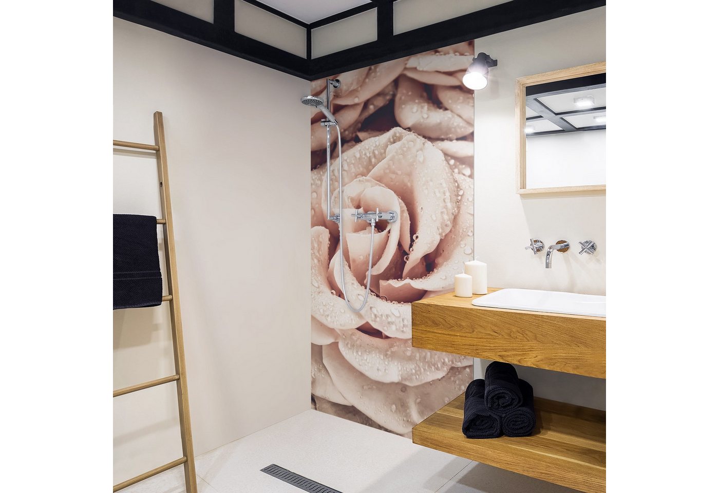 Bilderdepot24 Badrückwand Blumen beige Duschrückwand ohne Bohren Dusche Landhaus, (1-tlg., Hart-Folie Premium matt 0,61 mm), fugenlose & wasserfeste Motiv Rückwand Wandverkleidung für Duschkabine von Bilderdepot24