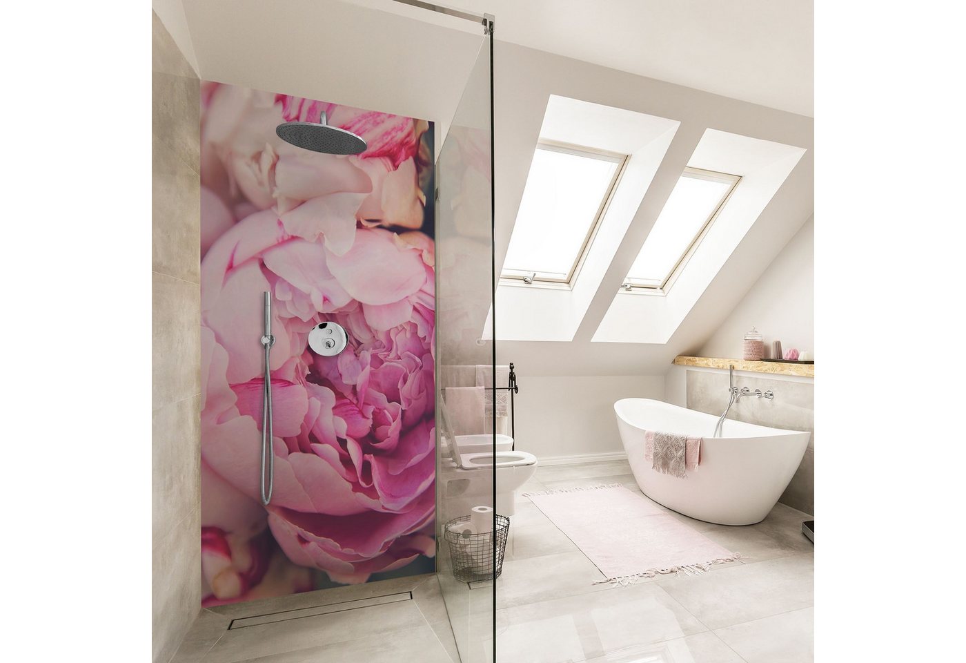 Bilderdepot24 Badrückwand Blumen rosa Duschrückwand ohne Bohren Dusche Shabby, (1-tlg., Hart-Folie Premium matt 0,61 mm), fugenlose & wasserfeste Motiv Rückwand Wandverkleidung für Duschkabine von Bilderdepot24