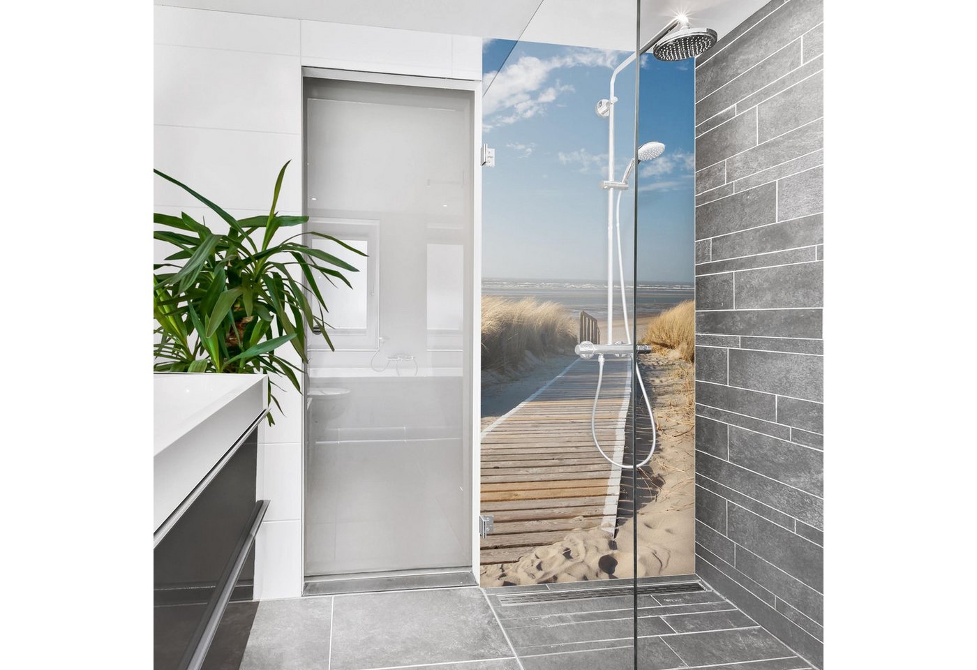 Bilderdepot24 Badrückwand Strand beige Duschrückwand ohne Bohren Natur Meere Himmel, (1-tlg., Hart-Folie Smart matt 0,35 mm), fugenlose & wasserfeste Motiv Rückwand Wandverkleidung für Duschkabine von Bilderdepot24