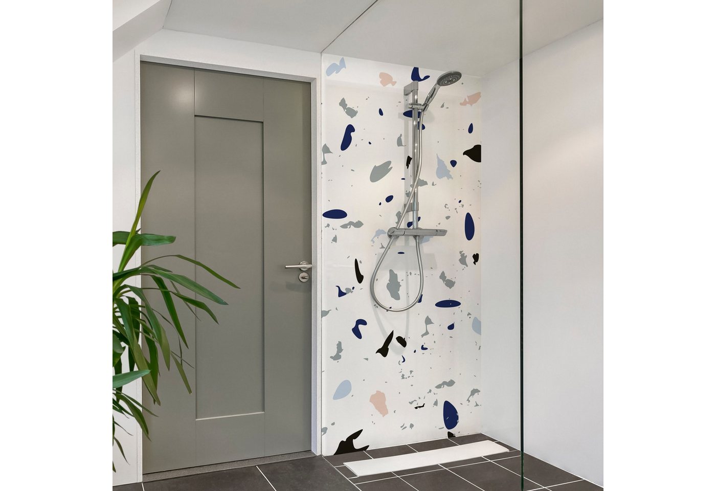 Bilderdepot24 Badrückwand Terrazzo blau Duschrückwand ohne Bohren Dusche Muster, (1-tlg., Hart-Folie Smart matt 0,35 mm), fugenlose & wasserfeste Motiv Rückwand Wandverkleidung für Duschkabine von Bilderdepot24