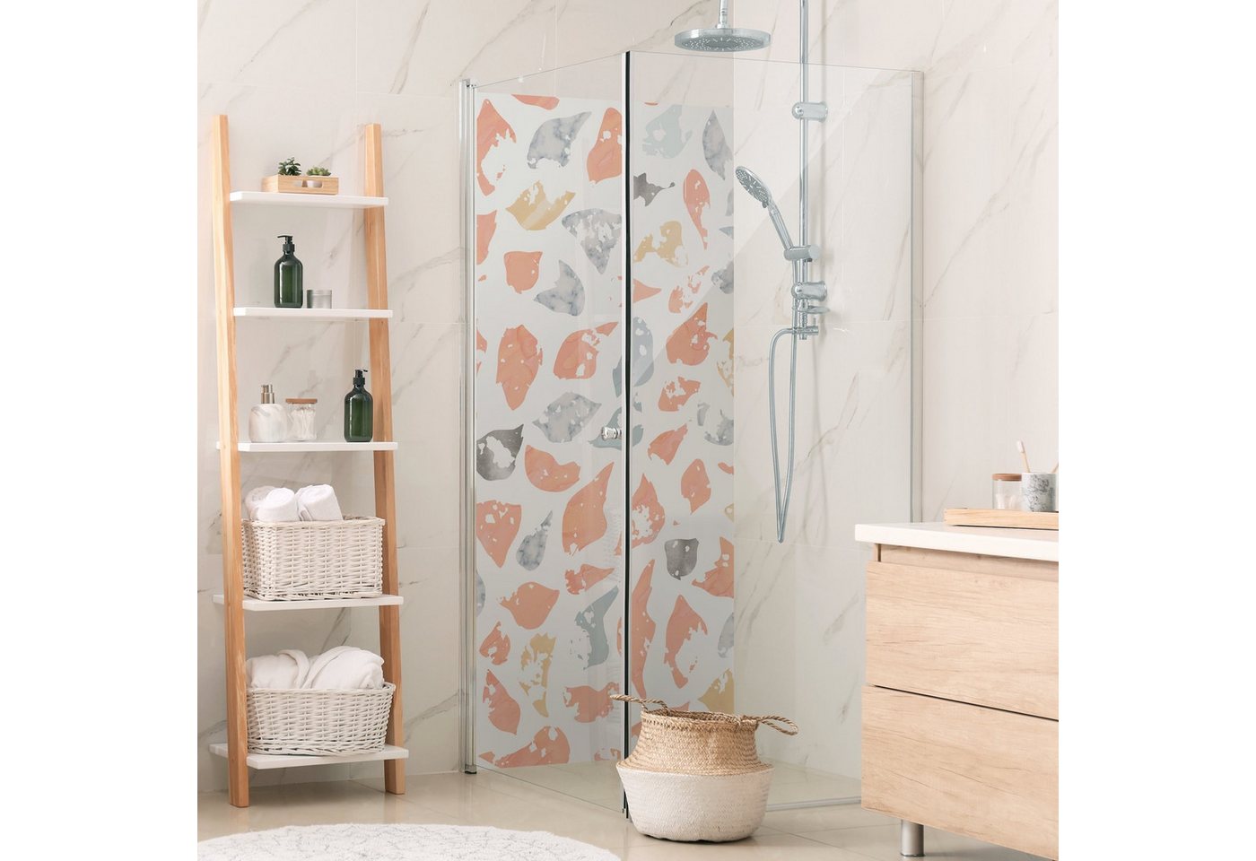 Bilderdepot24 Badrückwand Terrazzo rosa Duschrückwand ohne Bohren Dusche Muster, (1-tlg., Hart-Folie Smart matt 0,35 mm), fugenlose & wasserfeste Motiv Rückwand Wandverkleidung für Duschkabine von Bilderdepot24