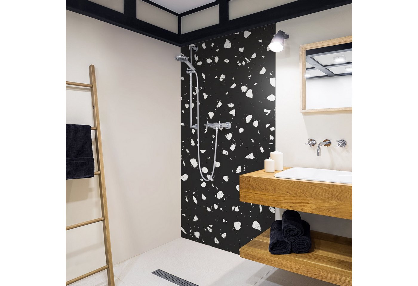 Bilderdepot24 Badrückwand Terrazzo schwarz Duschrückwand ohne Bohren Dusche Muster, (1-tlg., Hart-Folie Premium matt 0,61 mm), fugenlose & wasserfeste Motiv Rückwand Wandverkleidung für Duschkabine von Bilderdepot24