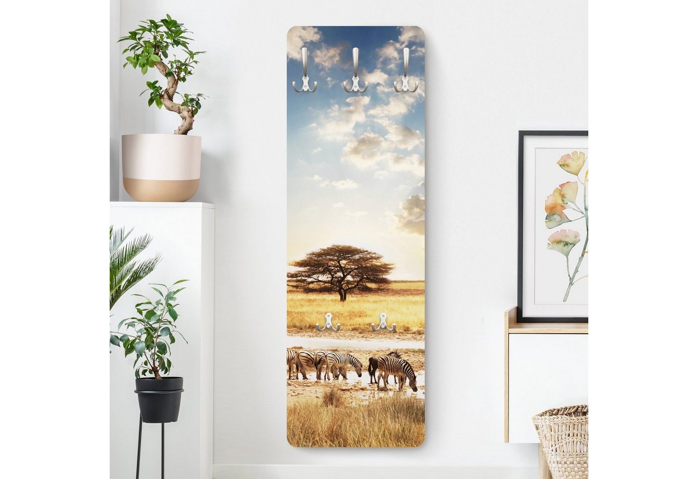 Bilderdepot24 Garderobenpaneel Design Natur Tiere Das Leben der Zebras (ausgefallenes Flur Wandpaneel mit Garderobenhaken Kleiderhaken hängend), moderne Wandgarderobe - Flurgarderobe im schmalen Hakenpaneel Design von Bilderdepot24