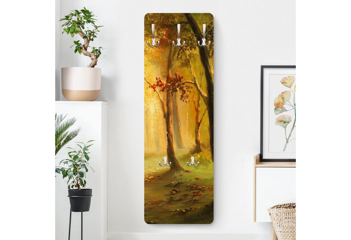 Bilderdepot24 Garderobenpaneel grün Bäume Wald Kunst Natur Gemälde einer Waldlichtung Design (ausgefallenes Flur Wandpaneel mit Garderobenhaken Kleiderhaken hängend), moderne Wandgarderobe - Flurgarderobe im schmalen Hakenpaneel Design von Bilderdepot24