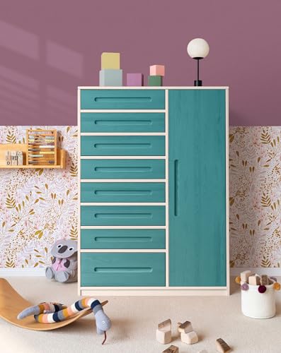 BioKinder Kommode Schubladenschrank Kleiderschrank Kinderschrank Lina mit Tür und 8 Schubladen, aus zertifiziertem Massivholz Kiefer Naturweiß und Ozeanblau lasiert B 110 x H 152 x T 55 cm von BioKinder - Das gesunde Kinderzimmer