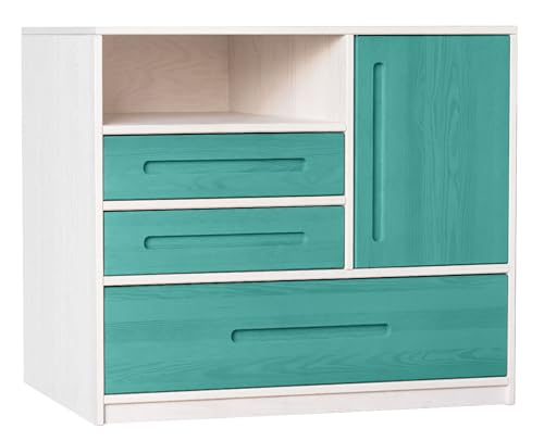 BioKinder Kommode Sideboard Lina mit 3 Schubladen und Tür aus zertifizierten Bio-Massivholz Kiefer Naturweiß und Ozeanblau lasiert 110 x 90 x 55 cm von BioKinder - Das gesunde Kinderzimmer