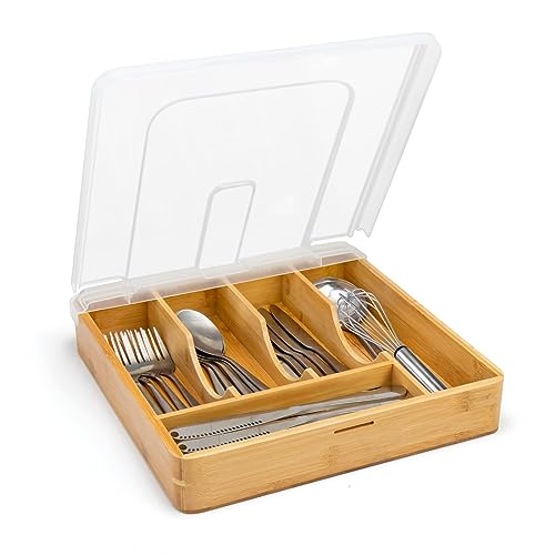 Bambus Schublade Organizer für Utensilienhalter, Silberbesteck Tablett für Schublade, Holz Küche Schublade Lagerung Mit Deckel für Flatware Besteck Messer, Gabeln, Löffel von Bionew