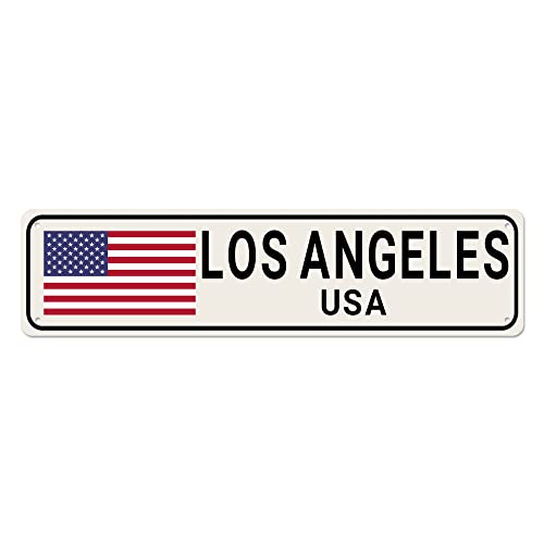 USA-Flaggenschild, Los Angeles Schild, Los Angeles Decor United States Location Schild, lustige Wanddekoration für Zuhause/Man Cave, hochwertige Metallschilder 40,6 x 10,2 cm von Bioputty