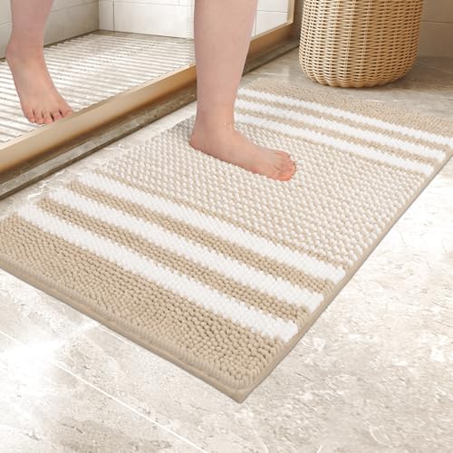 Biscpro Badematte 60 x 90 cm, rutschfest und Waschbar Chenille Badezimmerteppich, Badteppich Weicher Saugfähige Duschvorleger für Badezimme, Badewanne und Toilette, (Beige) von Biscpro