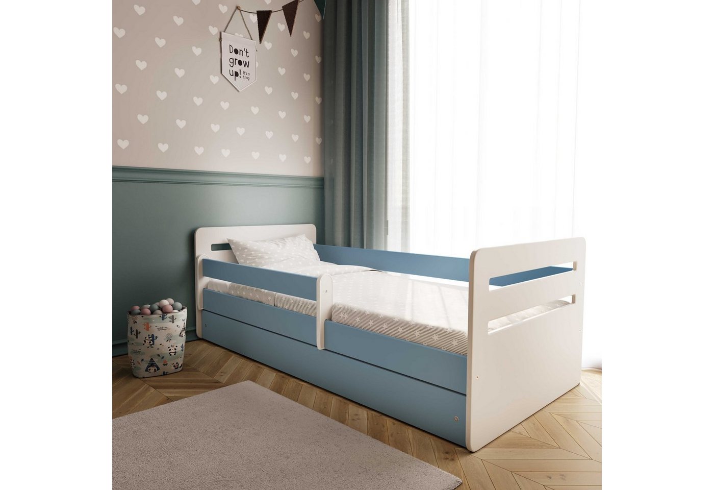 Bjird Kinderbett Tomi 140x80 160x80 180x80 (Mit 8 cm Matratze), mit Rausfallschutz Schubalde und Lattenrost für Mädchen und Junge von Bjird