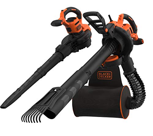 Black+Decker 3-in-1 Elektro Laubsauger & Laubbläser (3.000 Watt, mit Häcksler + aufsteckbarem Laubrechen, 72l Fangsack-Rucksack – hohe Blasgeschwindigkeit & verstellbare Saugleistung) BEBLV301 von Black+Decker