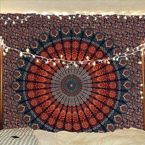 Bless International Indischer Hippie Bohemian Psychedelic Peacock Mandala Wandbehang Bettwäsche Tapisserie (Golden Blue, King (223x264Inches)(225x265Cms)) von Bless International