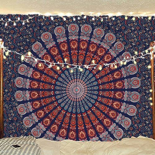 Bless International Indischer Hippie Bohemian Psychedelic Peacock Mandala Wandbehang Bettwäsche Tapisserie (Golden Blue White, Queen (213x288Inches) (215x230Cms)) von Bless International