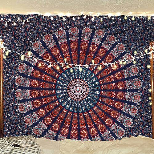 Bless International Indischer Hippie Bohemian Psychedelic Peacock Mandala Wandbehang Bettwäsche Tapisserie (Golden Blue White, Twin (137x182Inches) (140x185cms)) von Bless International