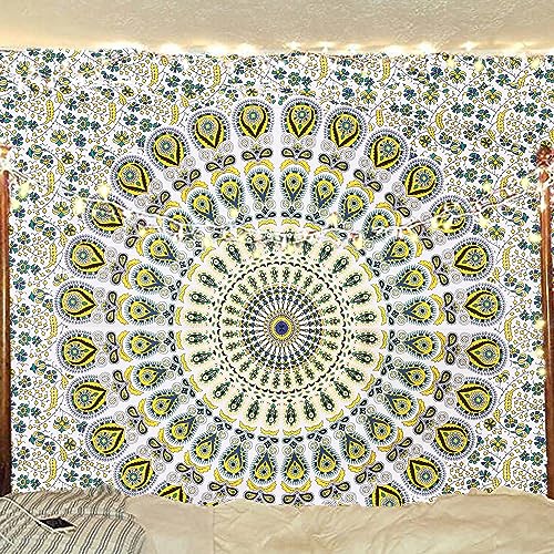 Bless International Indischer Hippie Bohemian Psychedelic Peacock Mandala Wandbehang Bettwäsche Tapisserie (Yellow Green, Twin (137x182Inches) (140x185cms)) von Bless International