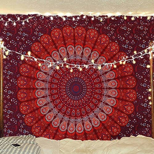 Bless International Handgefertigter indischer Hippie-, Bohemian-Pfauen-Mandala-Wandbehang, College-Schlafsaal, Strandüberwurf, Tischdecke, Bettwäsche, Wandteppich, Blau / Rot, Größe M (137 x 152 cm) von Bless International