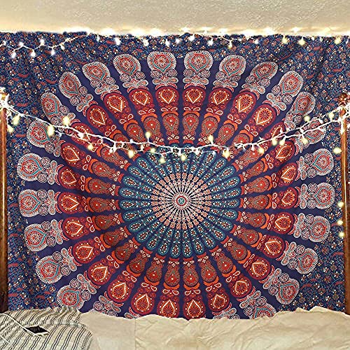 Bless International Handgefertigter indischer Hippie-, Bohemian-Pfauen-Mandala-Wandbehang, College-Schlafsaal, Strandüberwurf, Tischdecke, Bettwäsche, Wandteppich, Goldblau, Weiß, Größe M (137 x 152 von Bless International