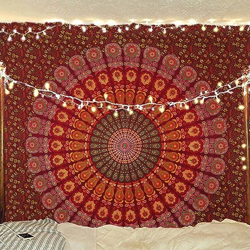 Bless International Handgefertigter indischer Hippie-, Bohemian-Pfauen-Mandala-Wandbehang, College-Schlafsaal, Strandüberwurf, Tischdecke, Bettwäsche, Wandteppich, 215 x 230 cm, Kastanienbraun, Gelb von Bless International