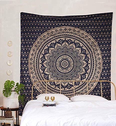 Bless International Traditioneller indischer Mandala-Hippie-Wandbehang, Baumwoll-Tapisserie, Ombre, Bohemian-Tagesdecke (King (225 x 265 cm), Blau / Gold von Bless International