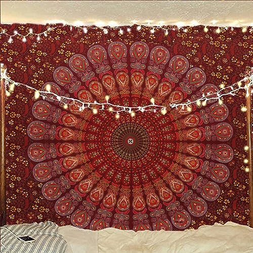 Bless International Handgefertigter indischer Hippie-, Bohemian-Pfauen-Mandala-Wandbehang, College-Schlafsaal, Strandüberwurf, Tischdecke, Bettwäsche, Tapisserie (kastaniengelb, mittelgroß, 137 x 152 von Bless International