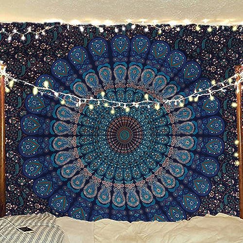 Bless International Indischer Hippie Bohemian Psychedelic Peacock Mandala Wandbehang Bettwäsche Tapisserie (Blue Green, Medium (137x60Inches)(137x152cms)) von Bless International