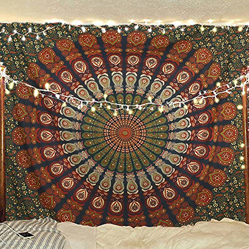 Bless International Indischer Hippie Bohemian Psychedelic Peacock Mandala Wandbehang Bettwäsche Tapisserie (Golden Green, Queen (213x288Inches) (215x230Cms)) von Bless International