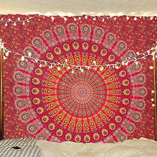 Bless International Indischer Hippie Bohemian Psychedelic Peacock Mandala Wandbehang Bettwäsche Tapisserie (Golden Red, King (223x264Inches)(225x265Cms)) von Bless International