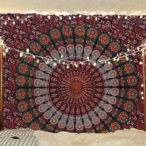 Bless International Indischer Hippie Bohemian Psychedelic Peacock Mandala Wandbehang Bettwäsche Tapisserie (Golden Red Green, Twin (137x182Inches) (140x185cms)) von Bless International