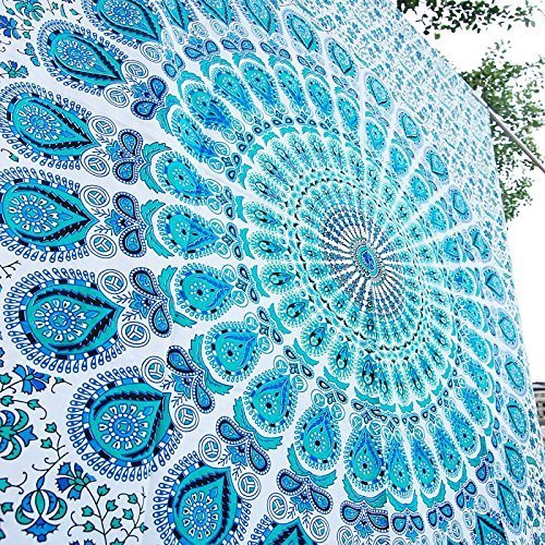 Bless International Indischer Hippie Bohemian Psychedelic Peacock Mandala Wandbehang Bettwäsche Tapisserie (Peacock Sky Blue, Queen (213x288Inches) (215x230Cms)) von Bless International