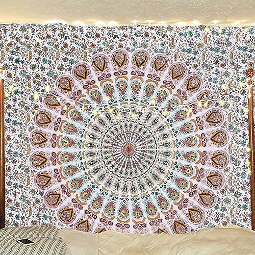 Bless International Indischer Hippie Bohemian Psychedelic Peacock Mandala Wandbehang Bettwäsche Tapisserie (Floral Gold, Twin (137x182Inches) (140x185cms)) von Bless International