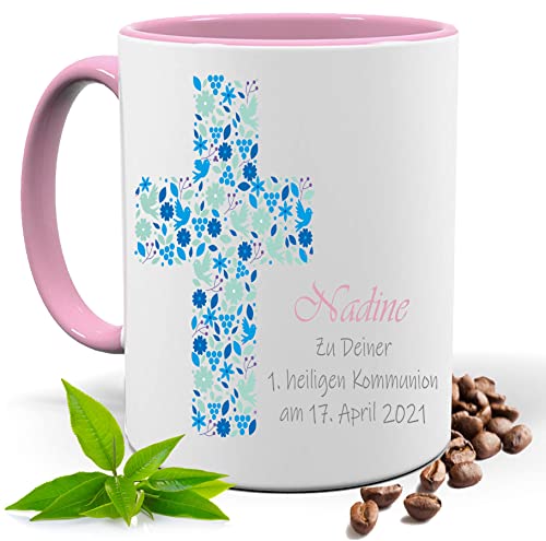 KOMMUNION,FIRMUNG, KONFIRMATION, KIRCHEN BLAU KREUZ |FOTOTASSE |TASSE|MOTIV TASSE | BEDRUCKTE TASSE | KAKAOTASSE | TEETASSE | GESCHENK|KERAMIK|TASSE (Rosa) von Blickfang