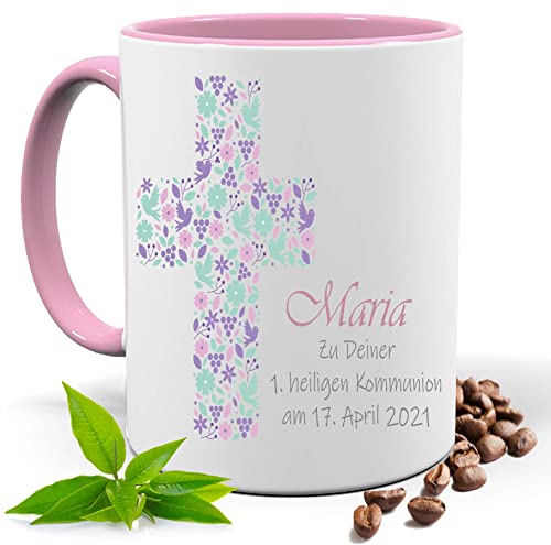 KOMMUNION,FIRMUNG, KONFIRMATION, KIRCHEN ROSA KREUZ |FOTOTASSE |TASSE|MOTIV TASSE | BEDRUCKTE TASSE | KAKAOTASSE | TEETASSE | GESCHENK|KERAMIK|TASSE (Rosa) von Blickfang